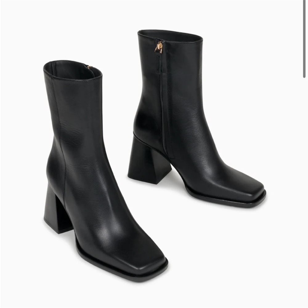 Black Square-Toe Block Heel Ankle Boots
